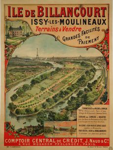 Affiche immobilière de l'île de Billancourt, Issy-les-Moulineaux, vers 1900  en grand format (nouvelle fenêtre)