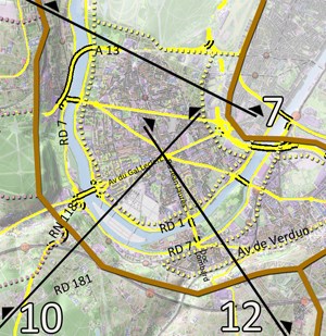 Carte de localisation des coupes et des principaux axes (en jaune) en grand format (nouvelle fenêtre)