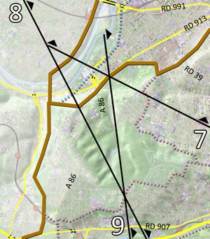 Carte de localisation des coupes et des principaux axes (en jaune) en grand format (nouvelle fenêtre)