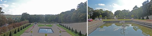 Meudon, vues de la perspective depuis le parterre de l'Orangerie (à droite), et depuis la terrasse qui le domine (à gauche)  en grand format (nouvelle fenêtre)