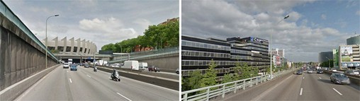 A gauche, le parc des Princes, à droite, immeubles de bureaux (Captures d'écran google streetview)  en grand format (nouvelle fenêtre)