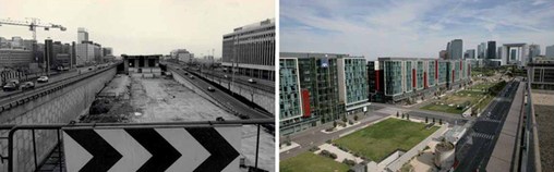 A gauche, l'A14 dans les années 1980, à droite, les Terrasses de Nanterre en 2008, documents Ville de Nanterre  en grand format (nouvelle fenêtre)