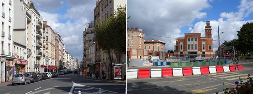 Montrouge, à gauche, l'avenue de la République, à droite, le centre culturel, face à l'hôtel de ville  en grand format (nouvelle fenêtre)