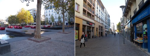 Malakoff, à gauche, place de l'hôtel de Ville, à droite une rue piétonne  en grand format (nouvelle fenêtre)