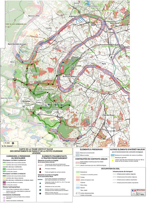 Carte : extrait du schéma régional de cohérence écologique d'Ile-de-France (SRCE) en grand format (nouvelle fenêtre)