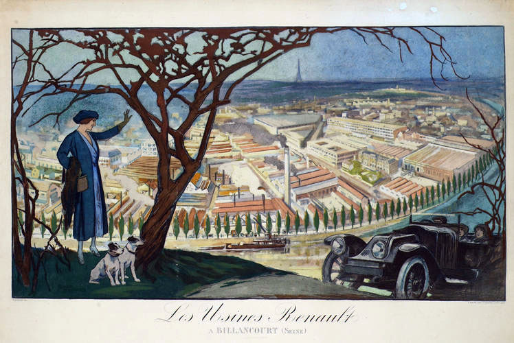 Lithographie en couleur des usines Renault à Billancourt. Vers 1930