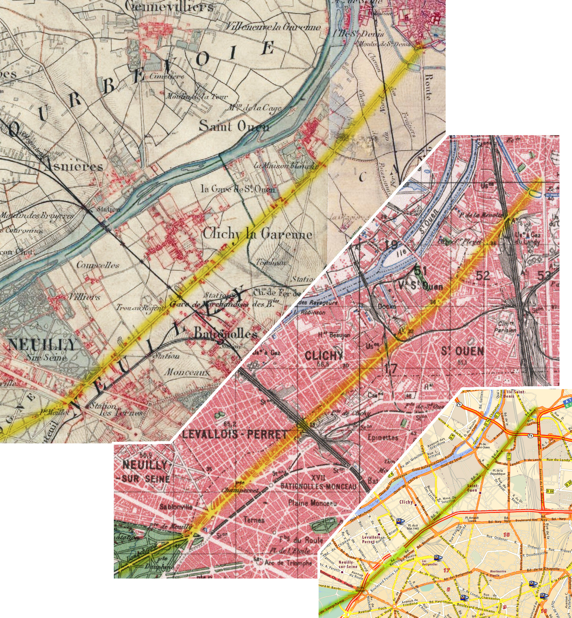 Le chemin de Versailles à Saint-Denis sur les cartes de 1830, 1900 et actuelle (tracé surligné)