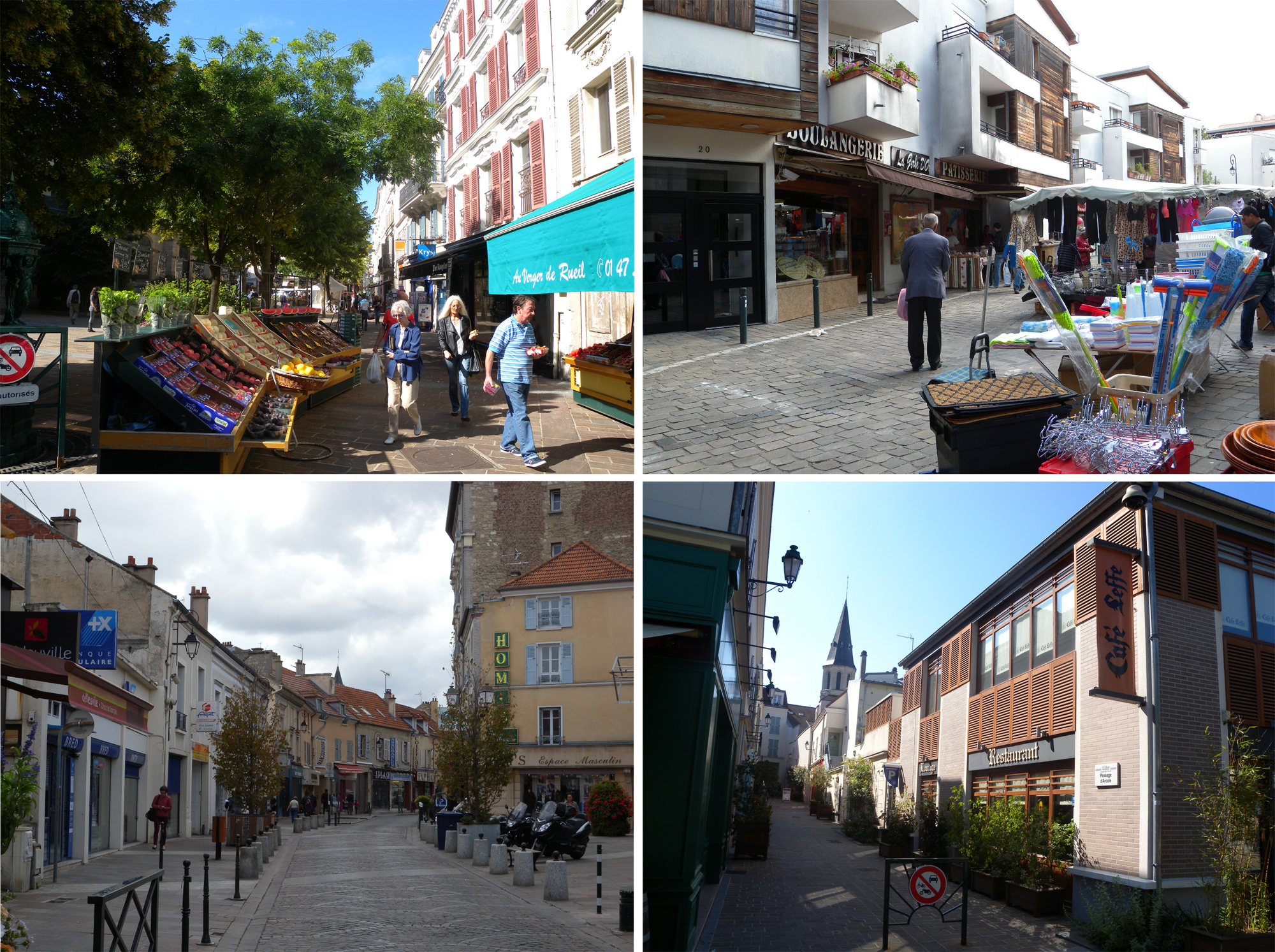 En haut à gauche, marché à Rueil, à droite, marché à Nanterre. En bas à gauche, rue du centre à Nanterre, à droite, rue du centre à Rueil