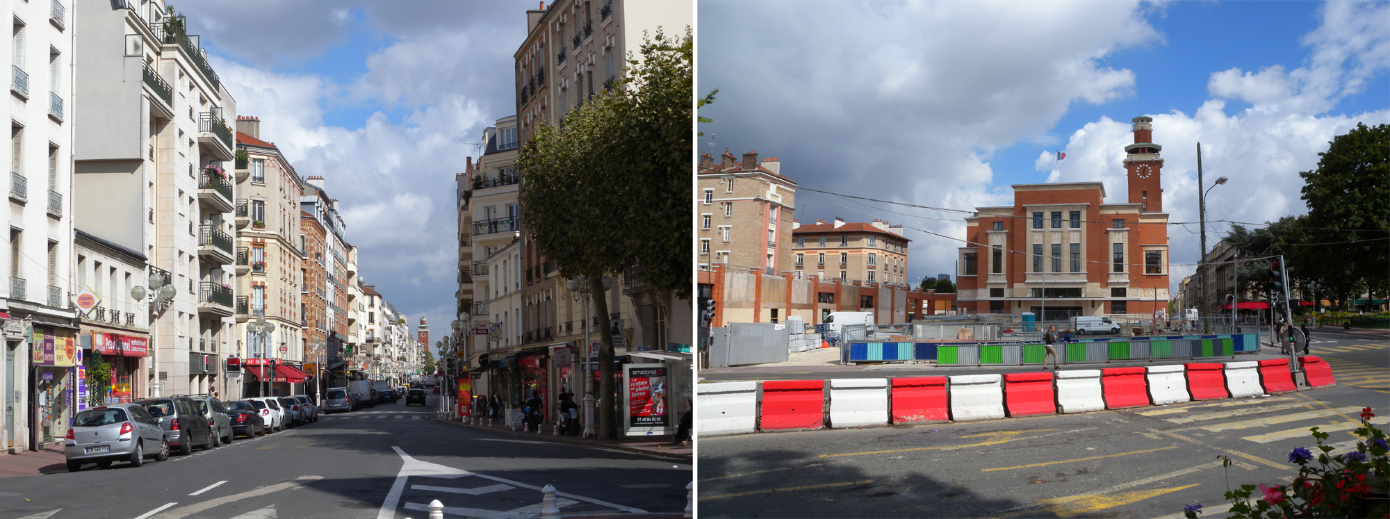 Montrouge, à gauche, l’avenue de la République, à droite, le centre culturel, face à l’hôtel de ville