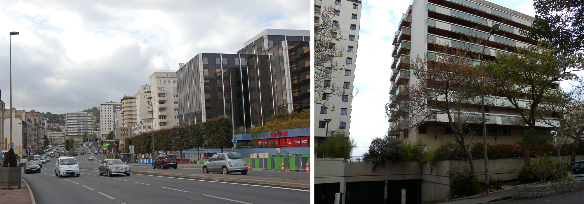 A gauche : Suresnes, la perspective du boulevard Henri Sellier. A droite : derrière l’immeuble Suresnes-Longchamps
