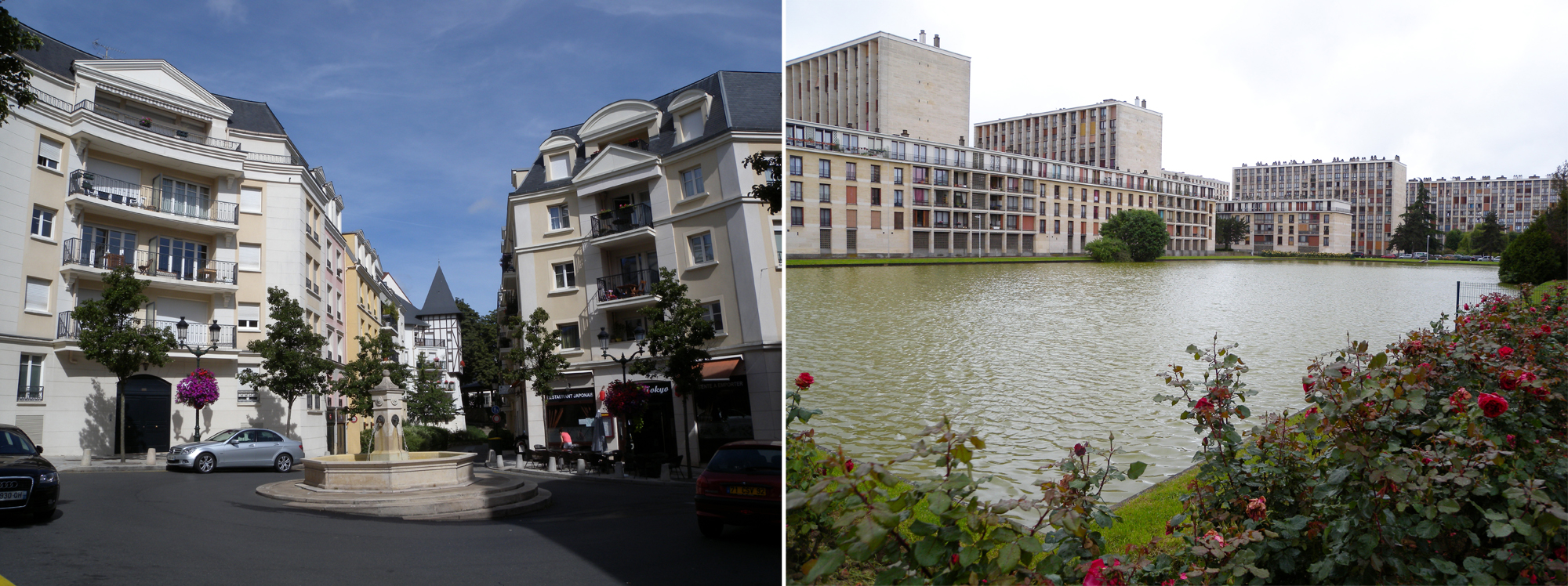 Photo de gauche : nouvelle cité-jardin au Plessis-Robinson (réalisée en 2007, la première datant des années 1920-1930). A droite, résidence du Parc à Meudon (réalisée en 1957)