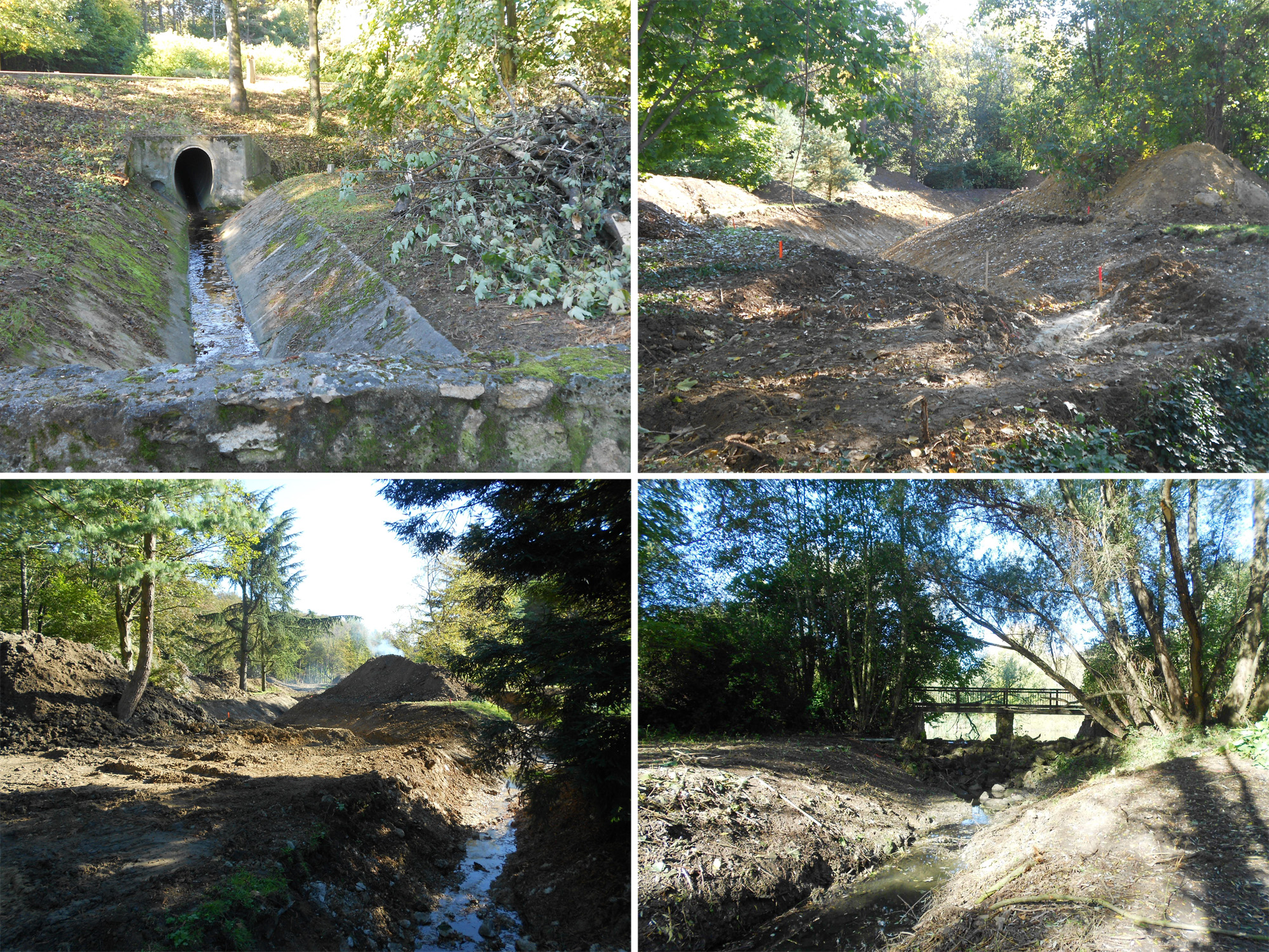 Le cours actuel bétonné et les travaux de « méandrage » en cours ; la restauration de la retenue des Godet en sortie de l’étang de la Noisette. 