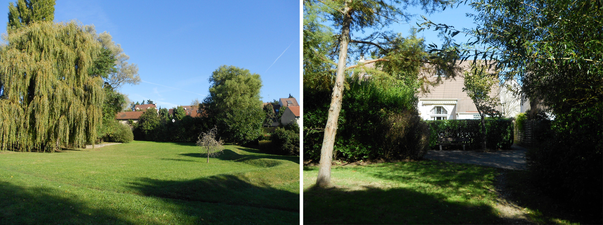 Amont du vallon : grande prairie et arbres d’ornement (saule pleureurs, liquidambars…) ; en aval du Parc de la Noisette où l’espace se resserre le long du ru.