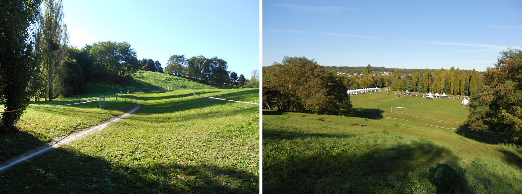 Les vallonnements du Parc de la Noisette et le panorama depuis le sommet de la colline : la forêt de Verrière en arrière-plan.