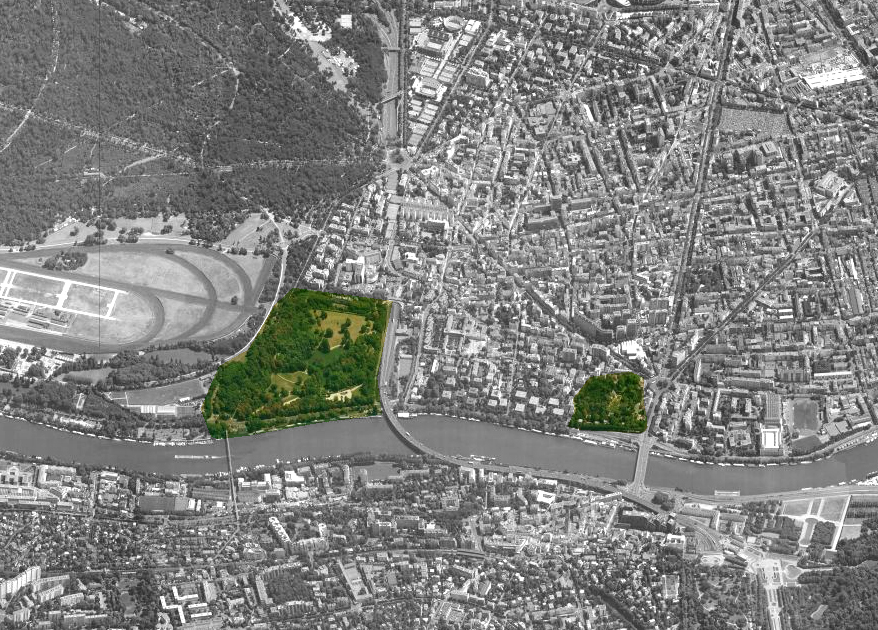 Le parc de Boulogne-Edmond de Rothschild (à gauche) et le jardin Albert Kahn (à droite) au bord de la Seine