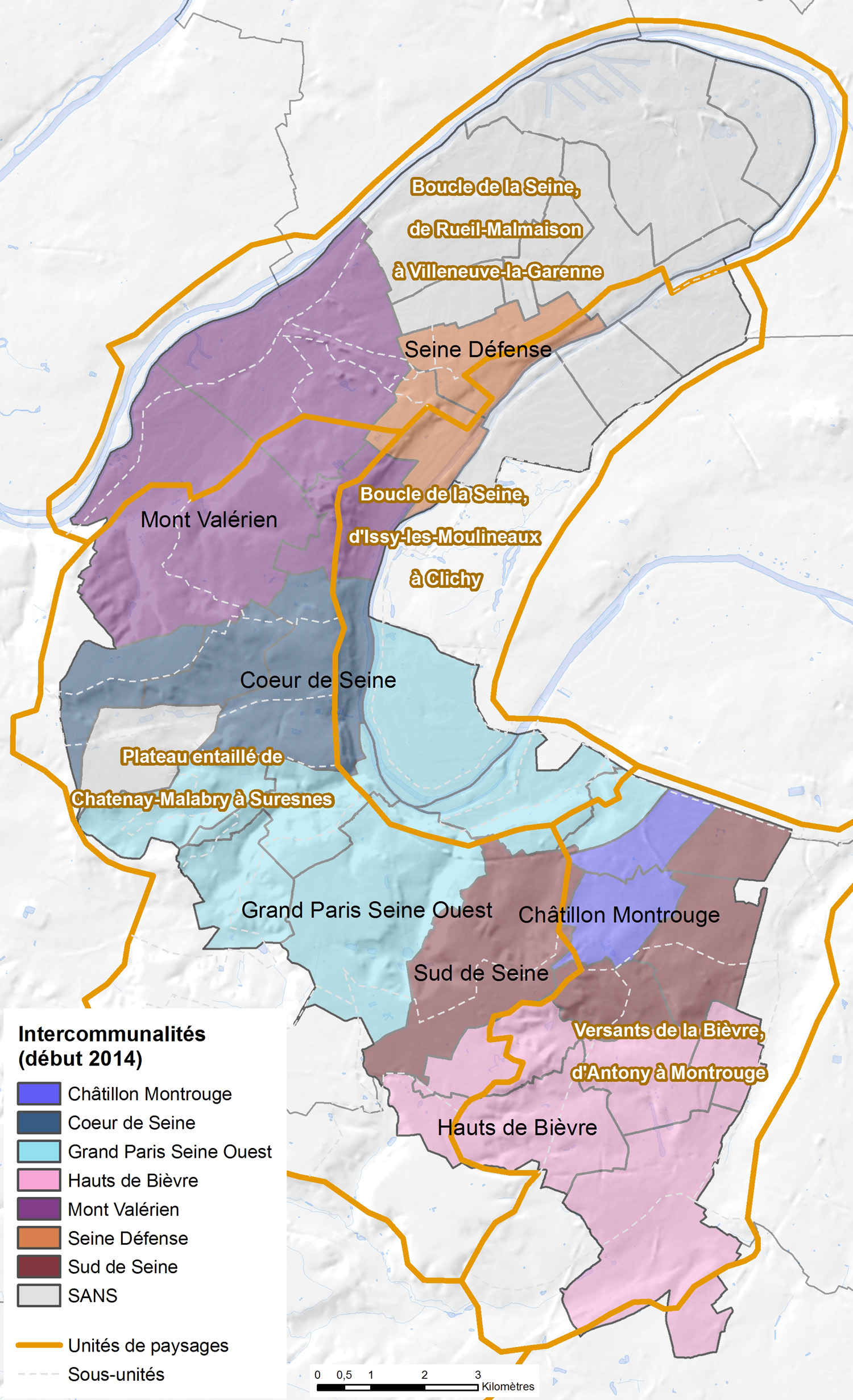 Intercommunalités (EPCI) de 2014 superposées aux unités de paysages du département