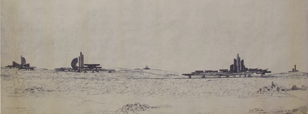 Marino di Teana, dessin de la ville du futur, années 50 (Source : http://diteana.com)