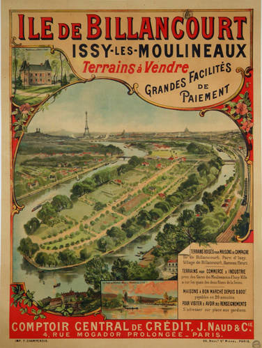 Affiche immobilière de l'île de Billancourt, Issy-les-Moulineaux, vers 1900