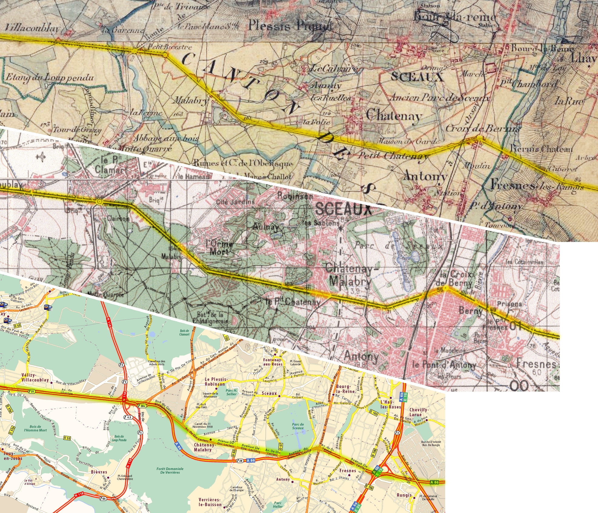 La route de Versailles à Choisy en 1830, 1900 et actuellement (tracé surligné)