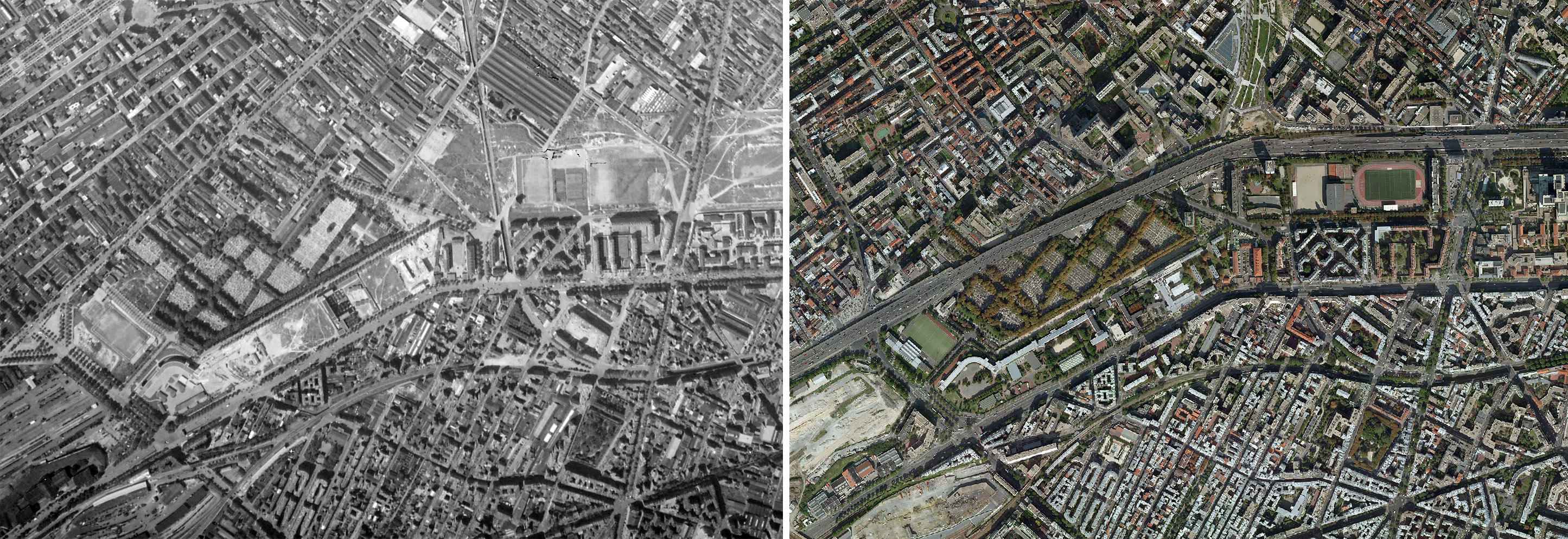 La frontière parisienne renforcée par le boulevard périphérique vers Clichy (photo IGN 1955 et aujourd’hui)