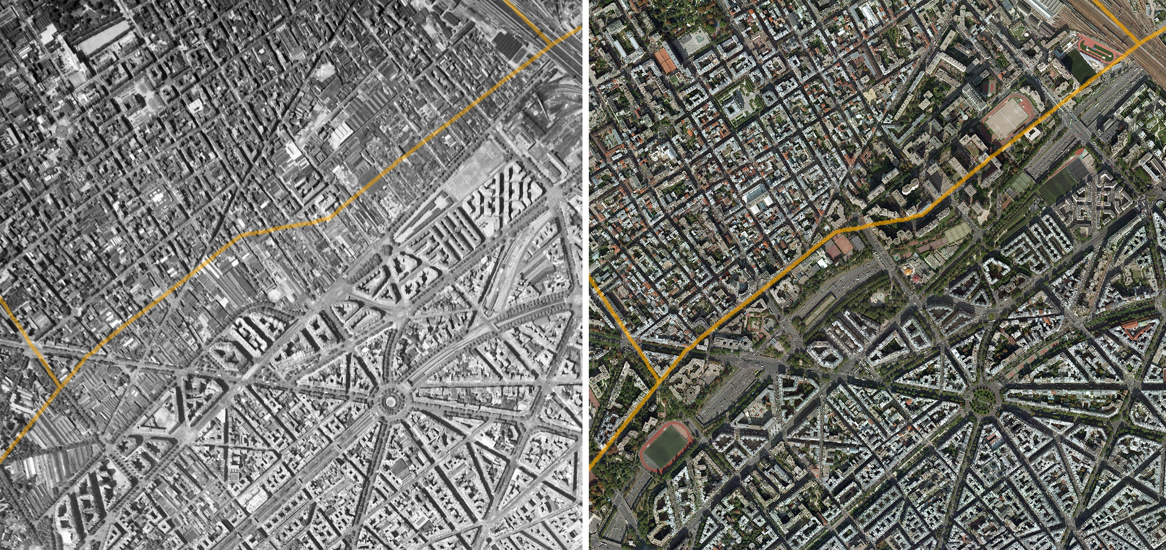 La trame urbaine rompue à Levallois-Perret (photo IGN 1955 et aujourd’hui)