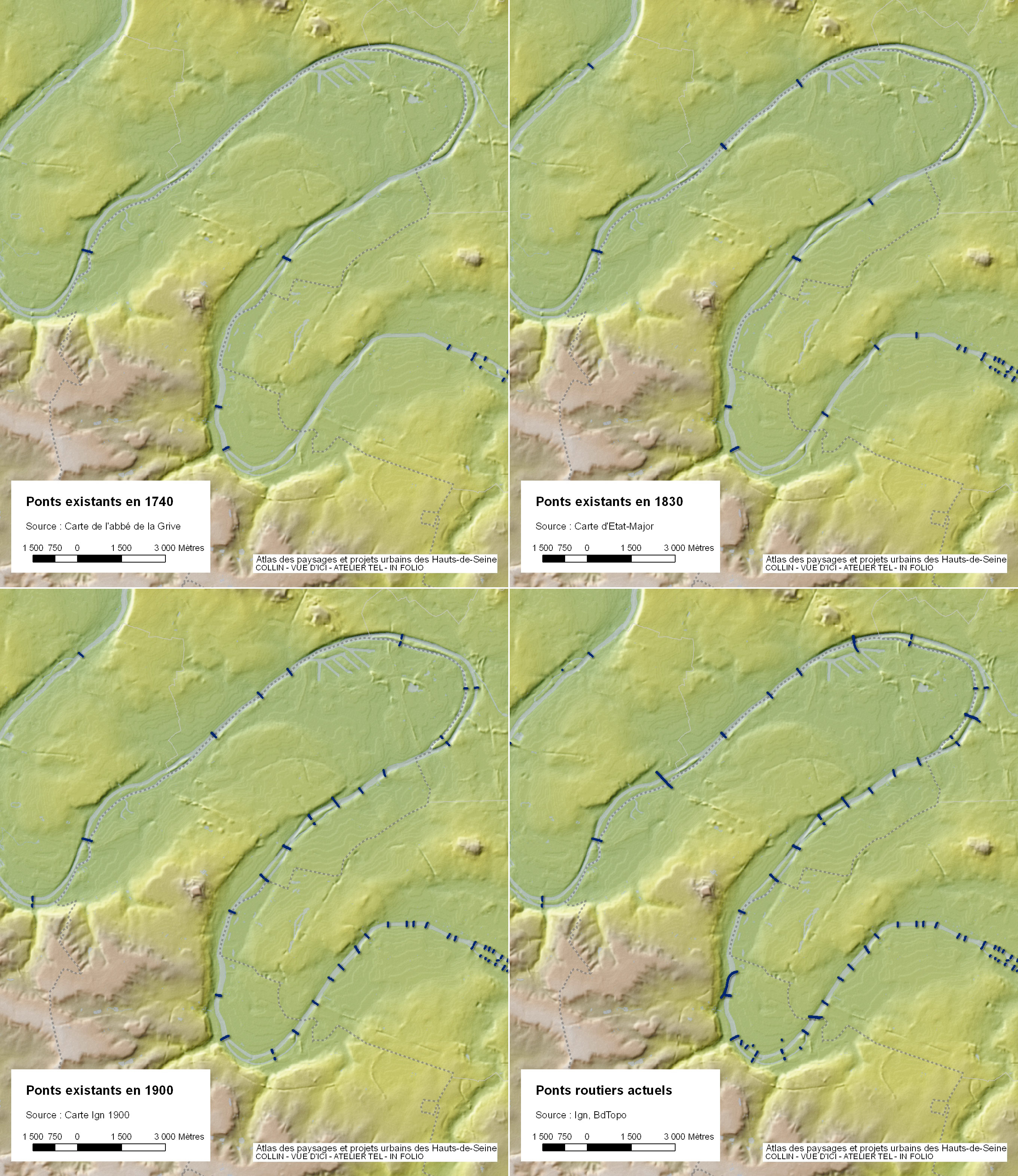 Les ponts sur la Seine en 1740, 1830, 1900 et aujourd'hui