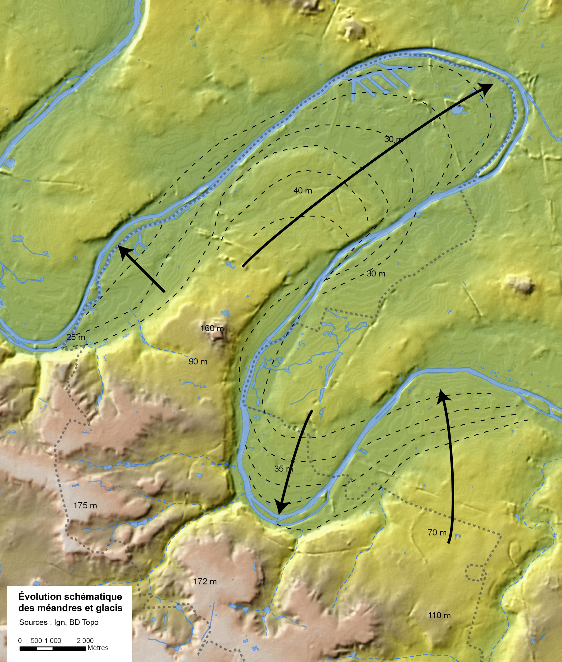 Évolution schématique des méandres et des glacis 