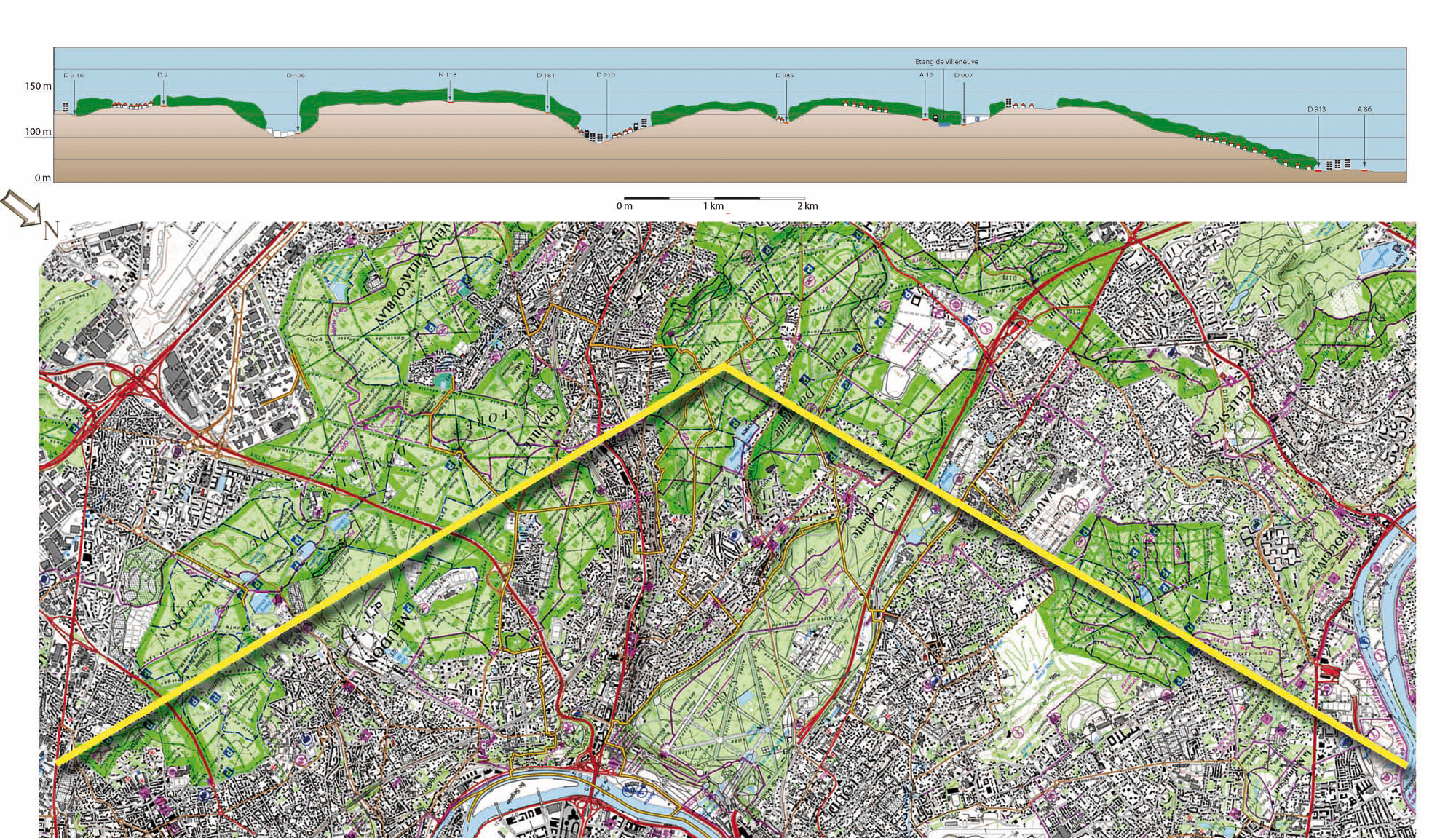 Coupe sur les reliefs du centre du département. Le trait de coupe suit la ligne de sommet du plateau
