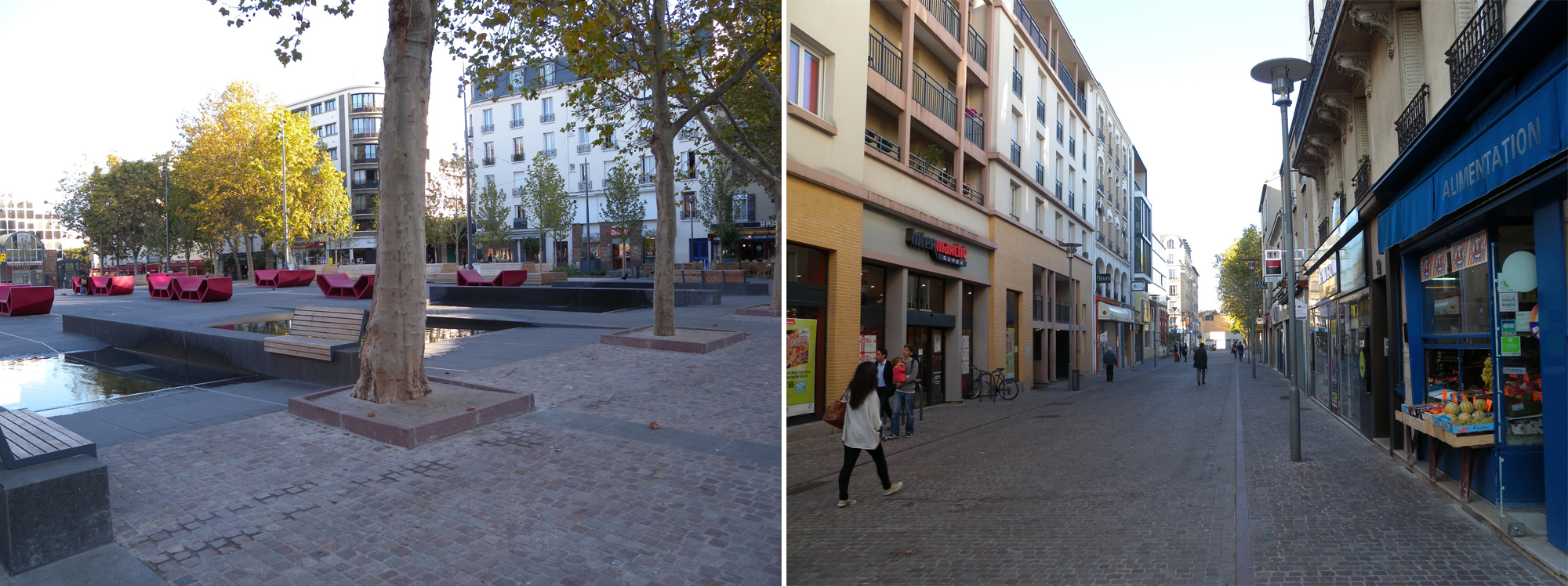 Malakoff, à gauche, place de l'hôtel de Ville, à droite une rue piétonne