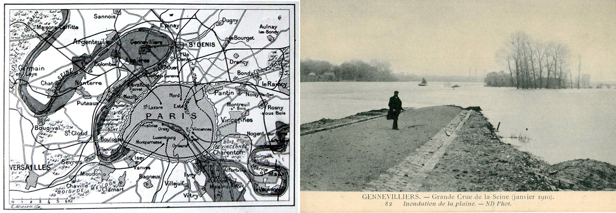 Carte de la crue de 1910, et carte postale