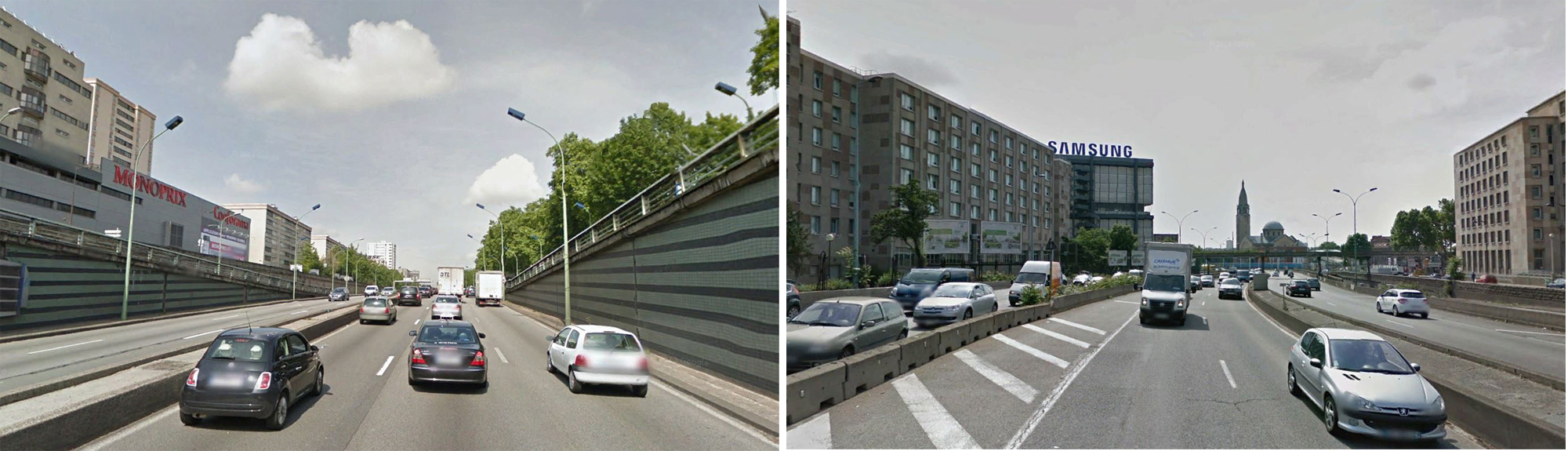 A gauche, enseigne Monoprix, à droite, enseigne Samsung (Captures d’écran google streetview)