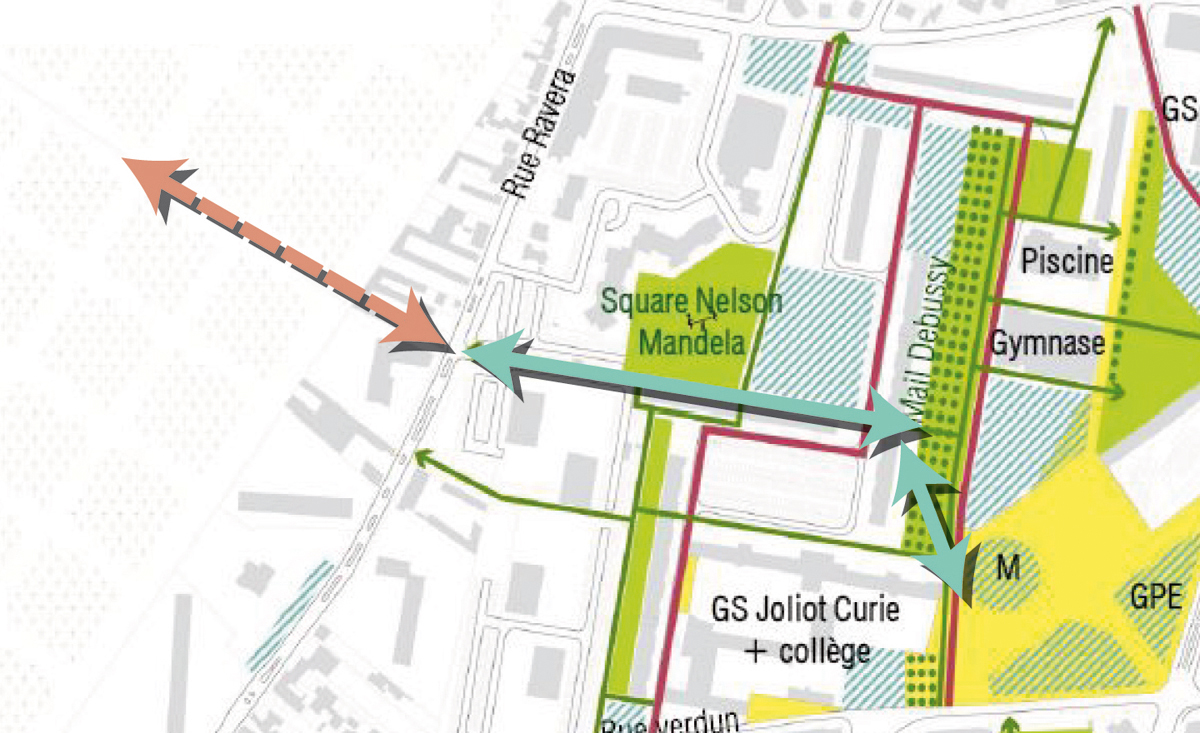 En bleu-vert : les nouvelles connexions polarisées sur la station de métro. En orange : un prolongement possible du parcours dans le cimetière