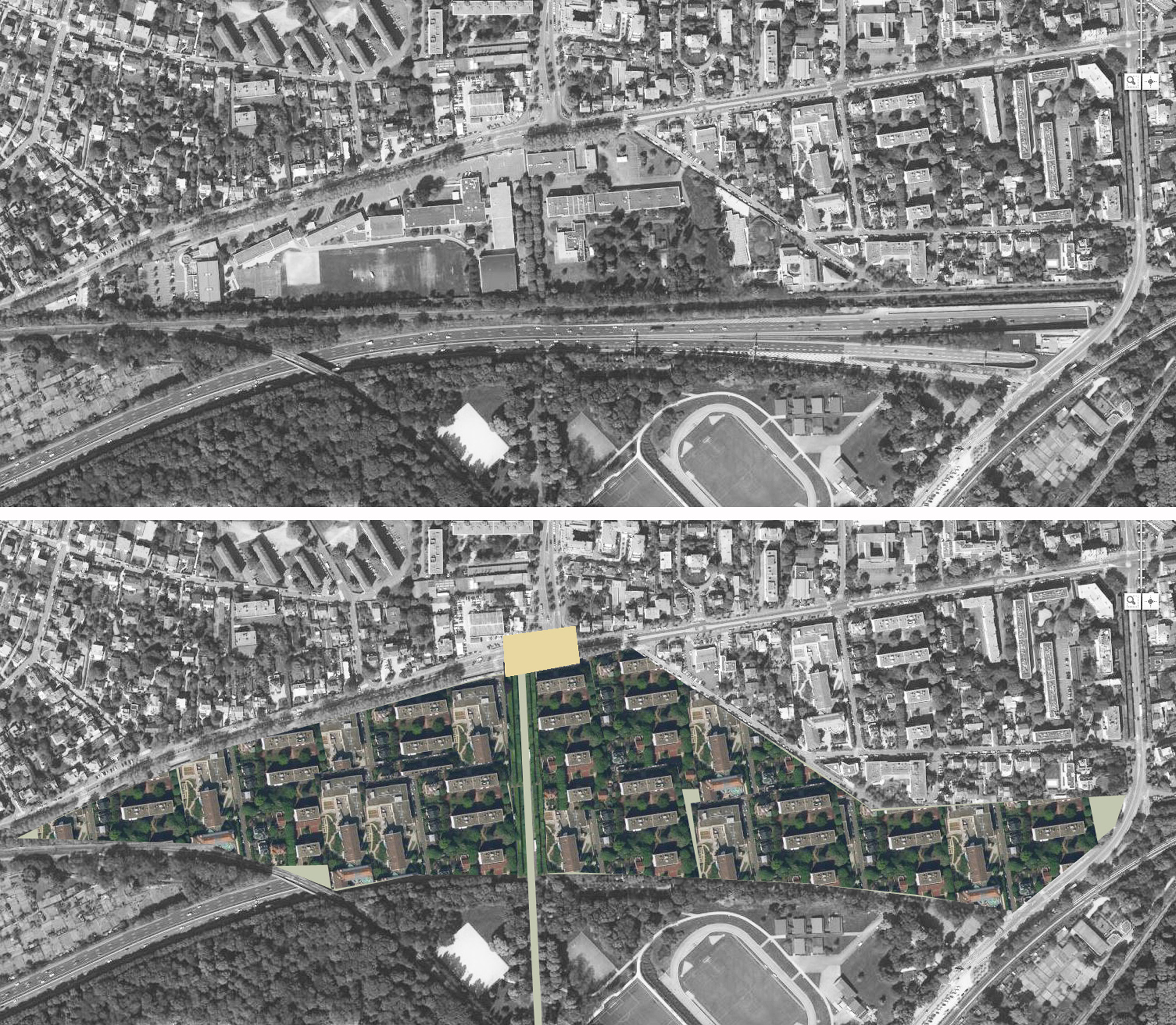 Parc de Saint-Cloud, hypothèse de travail : construire sur les voies et renouveler la ville proche du parc