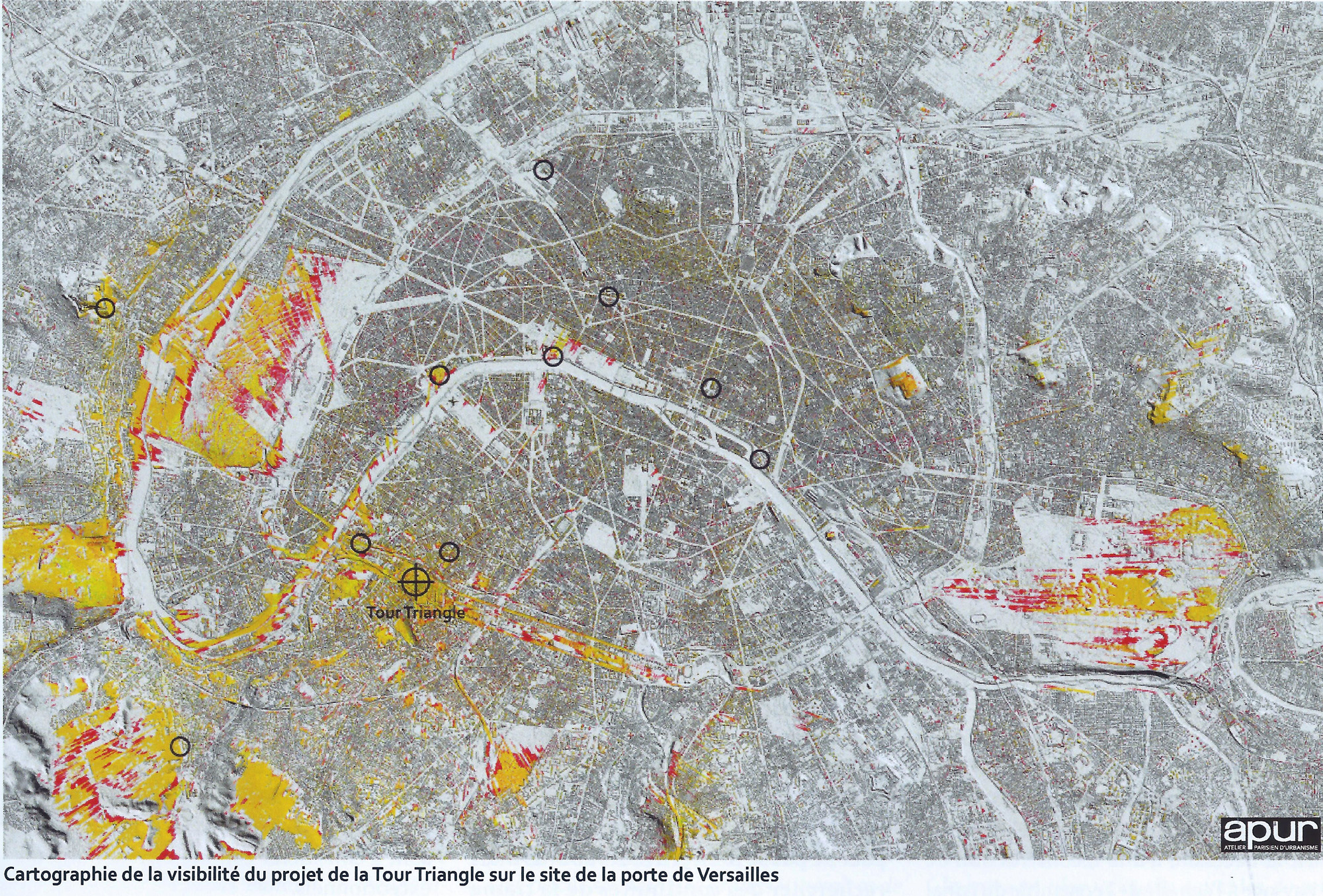 Impact de la tour Triangle, Paris, porte de Versailles. Carte APUR