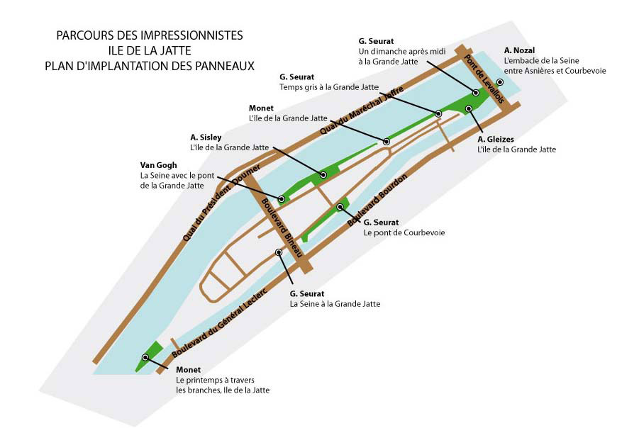 Ile de la Grande Jatte. Parcours illustré par des reproductions commentées d’œuvres de peintres impressionnistes.