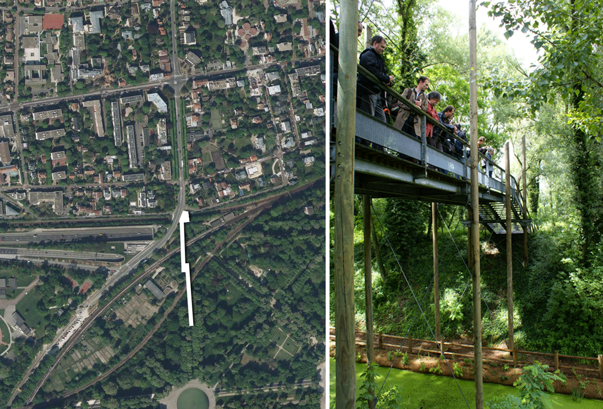 Parc de Saint-Cloud, à gauche, hypothèse de travail : créer une passerelle ; à droite, image de référence : parc de la Feyssine, Lyon