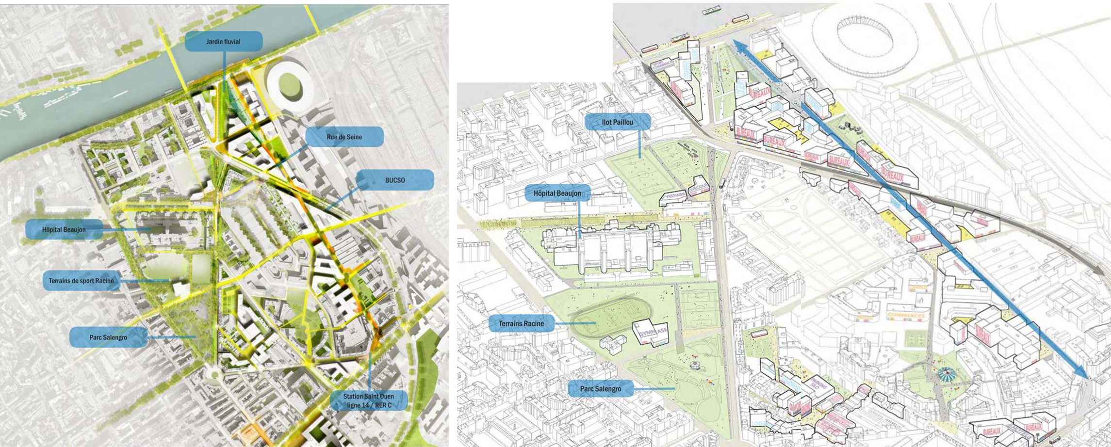 Plan guide de Clich, vue en plan, axonométries de l’axe des parcs et du projet de la rue de Seine, documents agence Leclercq