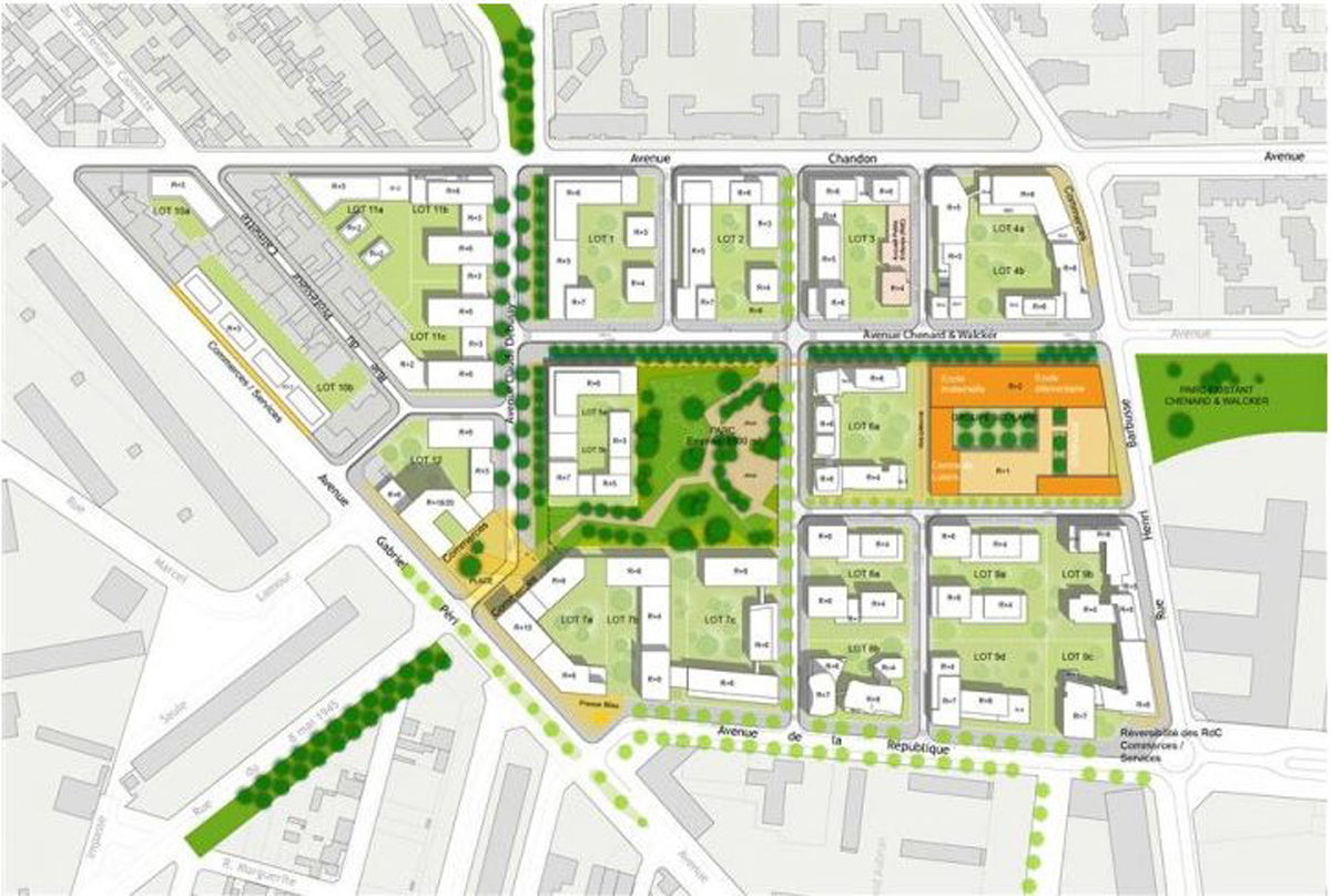 Gennevilliers, éco-quartier Chandon-République. Vue en plan, agence 2/3/4/Faubourg 