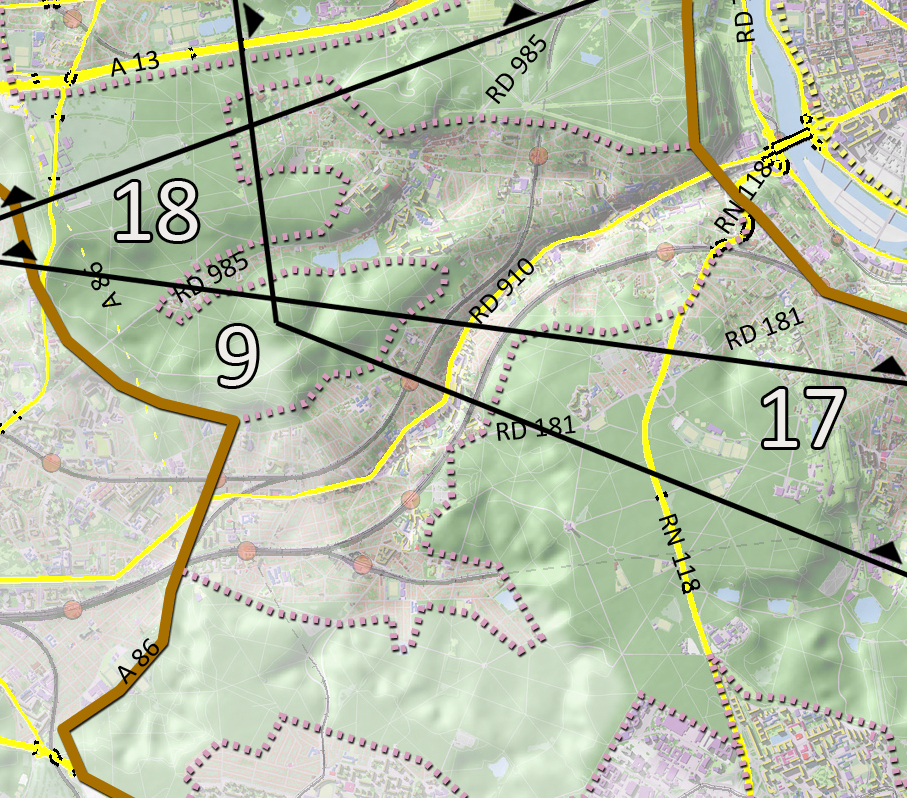 Carte de localisation des coupes et des principaux axes (en jaune)