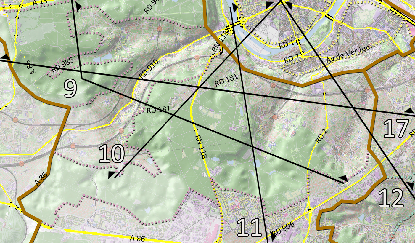 Carte de localisation des coupes et des principaux axes (en jaune)