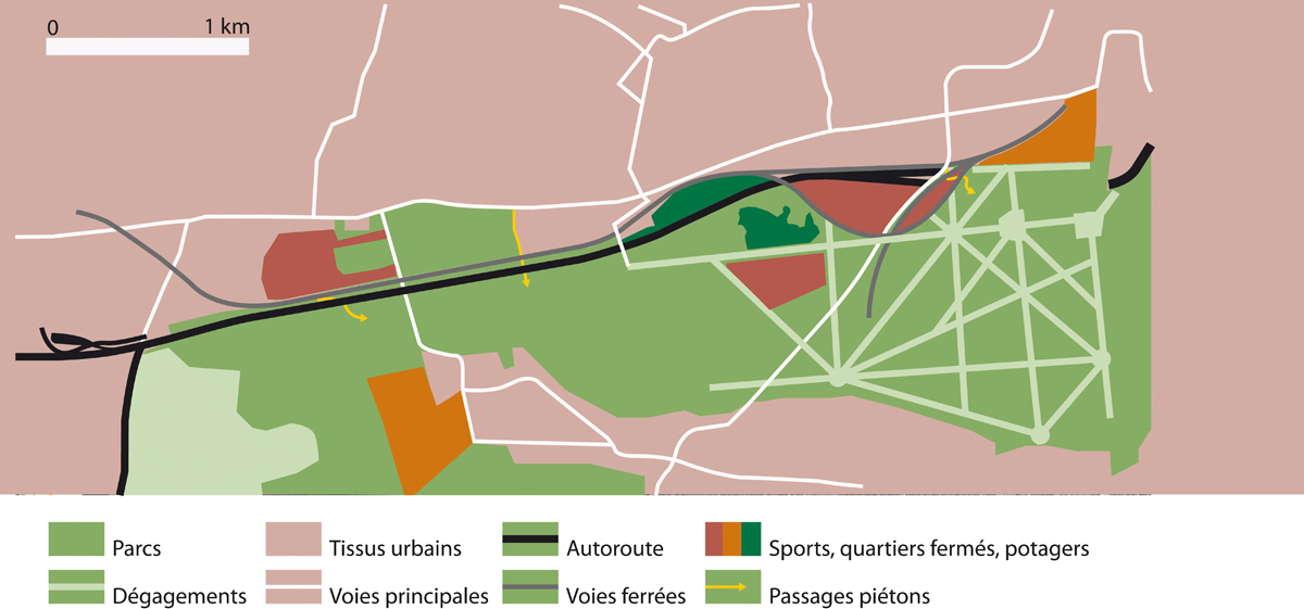 Parc de Saint-Cloud : schéma d’analyse des obstacles entre le parc et son environnement urbain au nord