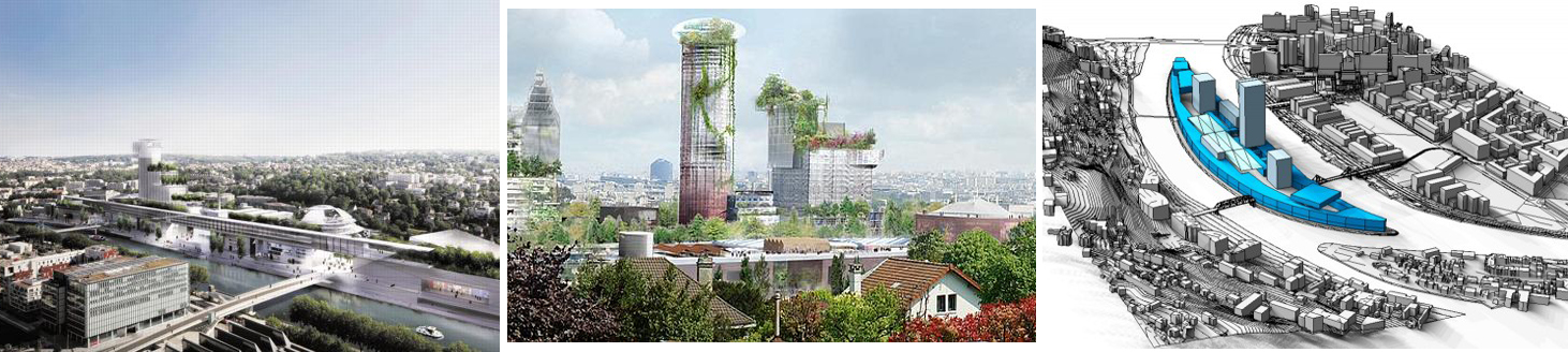Ile Seguin. Trois vues des différents projets de tours. Sites internet le Figaro, BET Elioth.