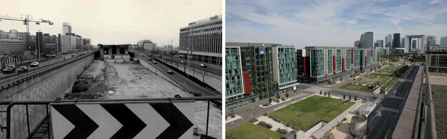 A gauche, l’A14 dans les années 1980, à droite, les Terrasses de Nanterre en 2008, documents Ville de Nanterre