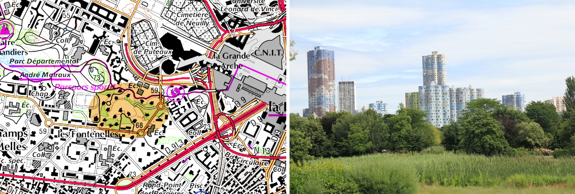 A gauche, la carte IGN 1/25000, à droite une perception des tours depuis le parc André Malraux à Nanterre