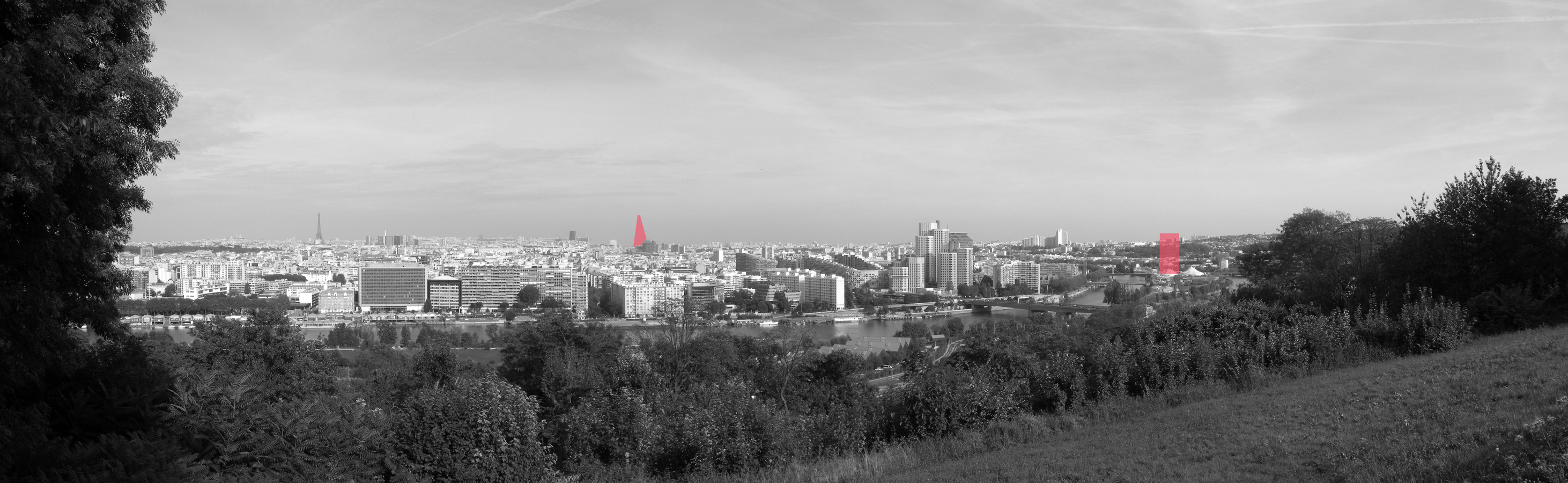 Esquisse de simulation de l’impact visuel des tours Triangle et Ile Seguin depuis le belvédère de Saint-Cloud
