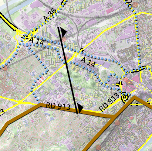 Carte de localisation des coupes et des principaux axes (en jaune)