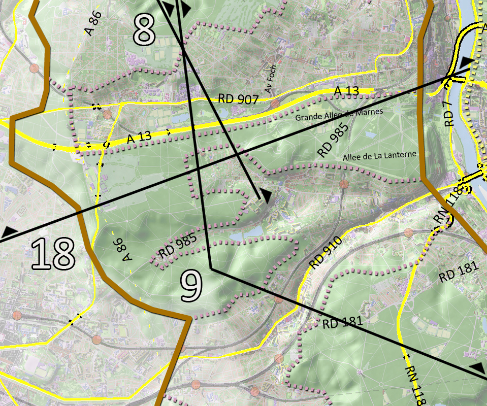 Carte de localisation des coupes et des principaux axes (en jaune)