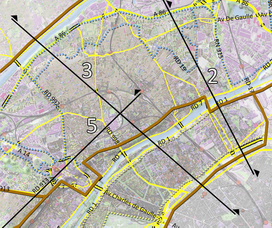 Carte de localisation des coupes et des principaux axes (en jaune)