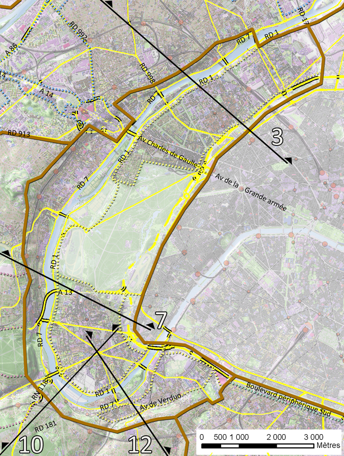 Carte de localisation des coupes et des principaux axes (en jaune)