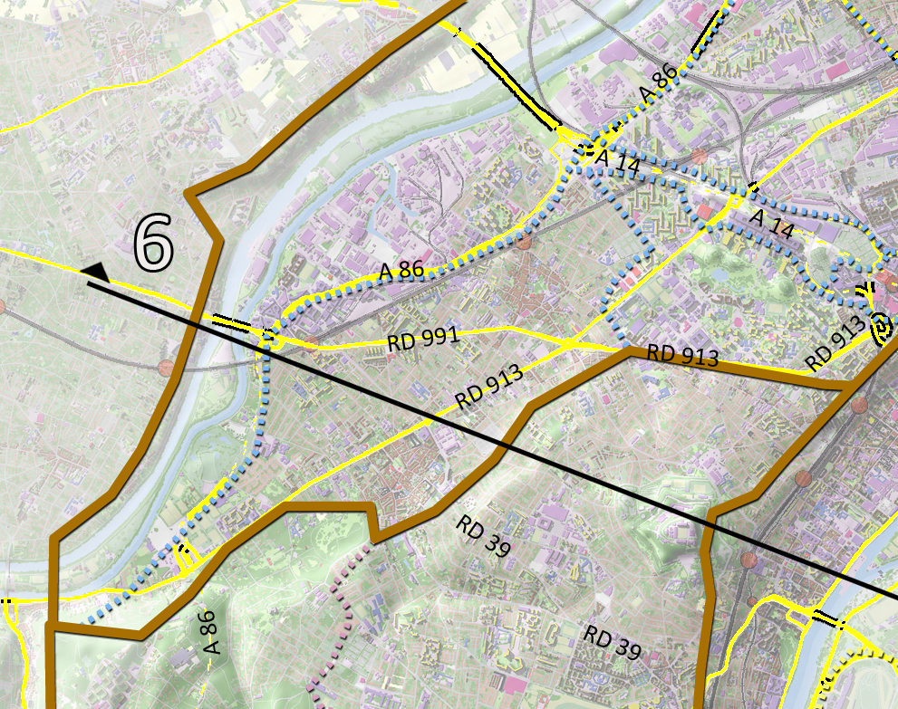 Carte de localisation des coupes et des principaux axes (en jaune)